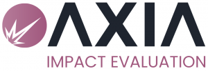 "Logo for AXIA Impact Evaluation. A purple circular icon with a white abstract burst on the left, followed by bold black text 'AXIA'. Below, the words 'Impact Evaluation' appear in purple.
