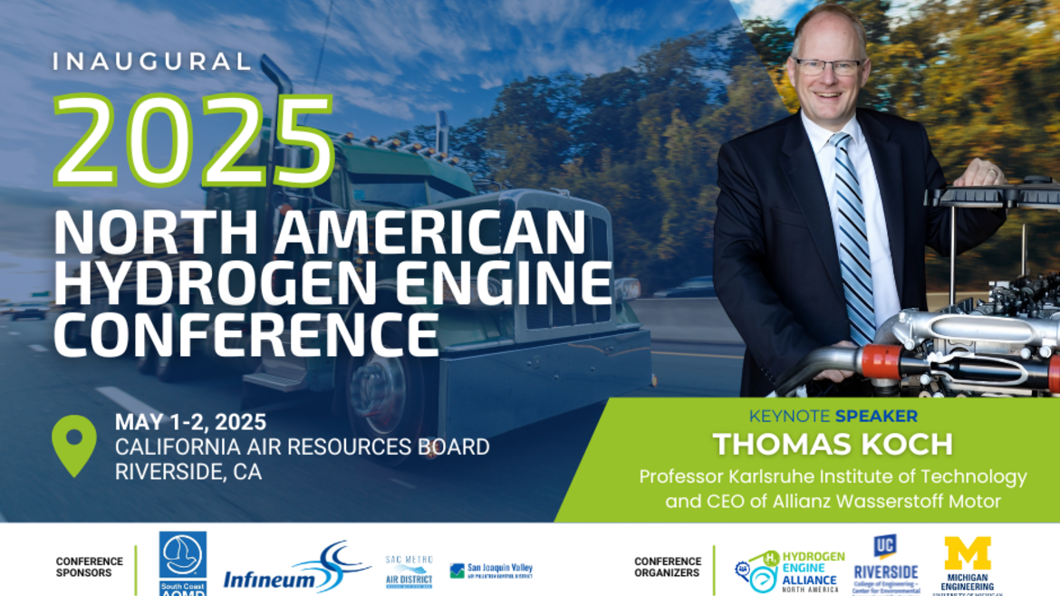 Inaugural 2025 North American Hydrogen Engine Conference promotional graphic. The background features a hydrogen-powered semi-truck on a highway with trees and a blue sky. On the right, keynote speaker Thomas Koch, a professor at Karlsruhe Institute of Technology and CEO of Allianz Wasserstoff Motor, is shown in a suit and tie, smiling and holding a hydrogen engine component.  The event details indicate it will take place on May 1-2, 2025, at the California Air Resources Board in Riverside, CA. The bottom o
