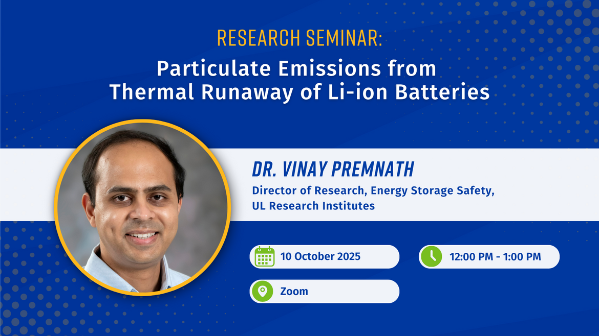 Promotional graphic for CE-CERT Research Seminar Series. Title reads 'Particulate Emissions from Thermal Runaway of Li-ion Batteries.' Features a headshot of Dr. Vinay Premnath, Director of Research, Energy Storage Safety, UL Research Institutes. Event details: September 30, 2025, 12:30 PM – 1:30 PM, held on Zoom. Design uses UCR branding with blue and gold accents.