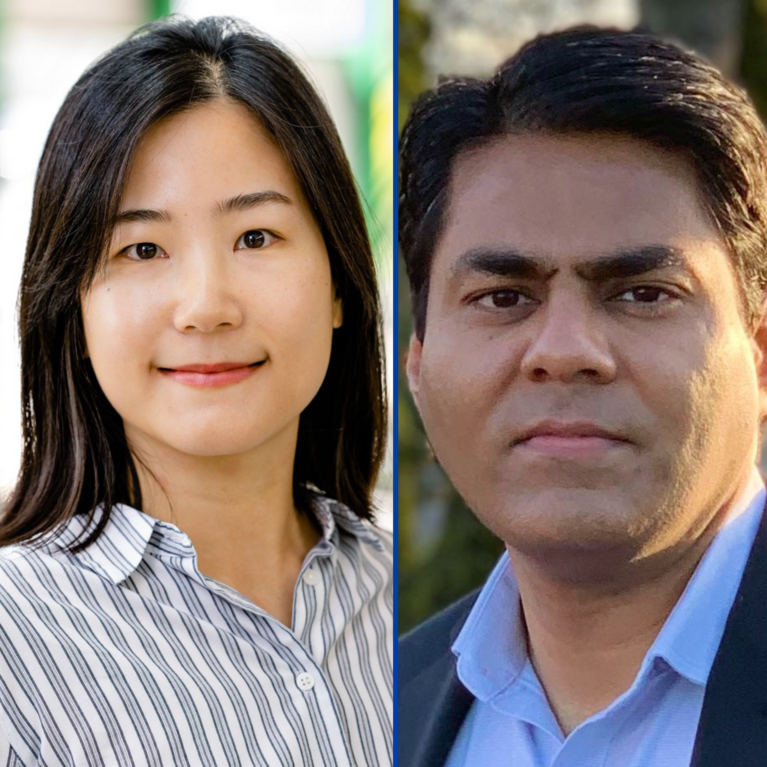 A vertical split image shows two new faculty members. On the left is Dr. Eunjeong Hyeon, a woman with long dark hair, wearing a striped shirt. On the right is Dr. Abhilash Vijayan, a man with short dark hair, wearing a blue shirt and a black blazer.