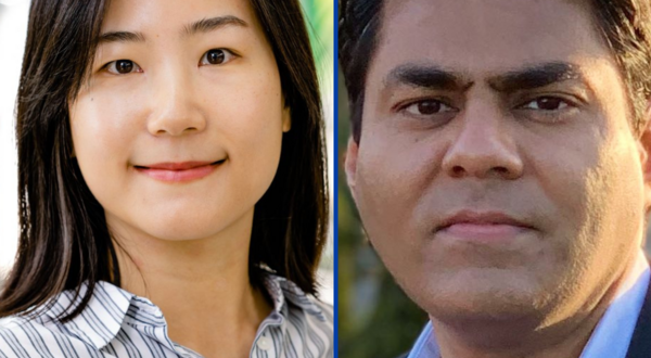A vertical split image shows two new faculty members. On the left is Dr. Eunjeong Hyeon, a woman with long dark hair, wearing a striped shirt. On the right is Dr. Abhilash Vijayan, a man with short dark hair, wearing a blue shirt and a black blazer.