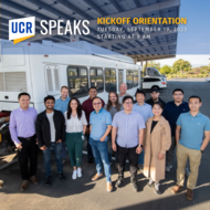 SPEAKS Orientation, students standing in front of CE-CERT sustainable bus