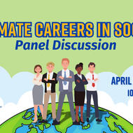 Graphic promoting a “Climate Careers in SoCal” panel discussion featuring illustrated diverse professionals standing on a globe. Event details read: April 8, 2026, 10–11:30 AM on Zoom. Logos for UCR Sustainability, UCR Career Center, and UCR CE-CERT appear on the left against a light green and blue background.