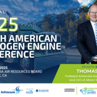 Inaugural 2025 North American Hydrogen Engine Conference promotional graphic. The background features a hydrogen-powered semi-truck on a highway with trees and a blue sky. On the right, keynote speaker Thomas Koch, a professor at Karlsruhe Institute of Technology and CEO of Allianz Wasserstoff Motor, is shown in a suit and tie, smiling and holding a hydrogen engine component.  The event details indicate it will take place on May 1-2, 2025, at the California Air Resources Board in Riverside, CA. The bottom o