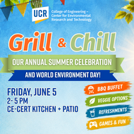 Flyer for CE-CERT’s “Grill & Chill” annual summer celebration and World Environment Day event featuring a bright outdoor design with string lights, greenery, BBQ, games, refreshments, and event details for June 5 at the CE-CERT Kitchen and Patio.