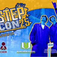 Graphic flyer for CE-CERT's STEPCon 2025 event. Includes a green circular logo reading "STEPCon 25" with smaller text underneath: "STEM Training and Education Program Conference." Background features clean, futuristic design with abstract light trails and circuit patterns. UC Riverside and CE-CERT logos are displayed at the bottom.