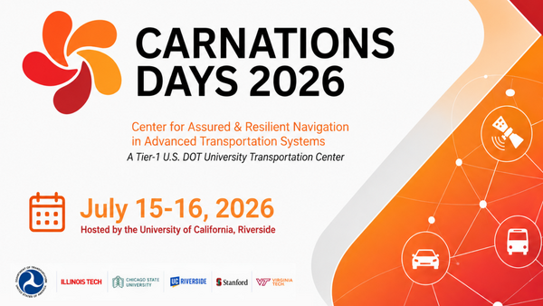 CARNATIONS Days 2026 event graphic for July 15–16, 2026, hosted by the University of California, Riverside. The design includes the CARNATIONS logo, partner logos, and a blue connected transportation graphic with vehicle and satellite icons.