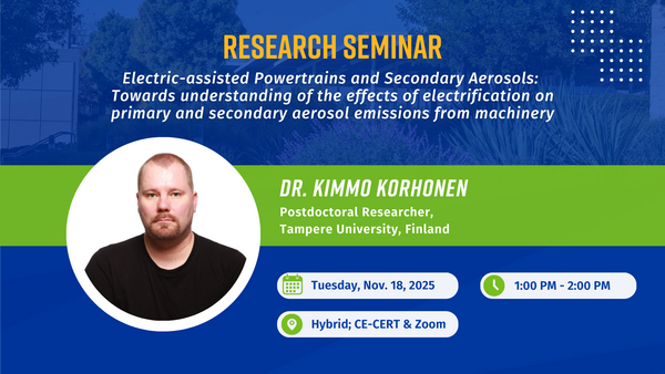 A UCR CE-CERT research seminar flyer featuring Dr. Kimmo Korhonen. The top section has a blue background with the title “Research Seminar” and the talk topic: “Electric-assisted Powertrains and Secondary Aerosols: Towards understanding of the effects of electrification on primary and secondary aerosol emissions from machinery.” Below, on a green band, is a circular headshot of Dr. Korhonen, a light-skinned man with short hair and a beard, wearing a black shirt. His name and title read: “Dr. Kimmo Korhonen, 